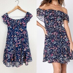 My Favorite Navy Blue Floral Print Off-the-Shoulder Dress XS